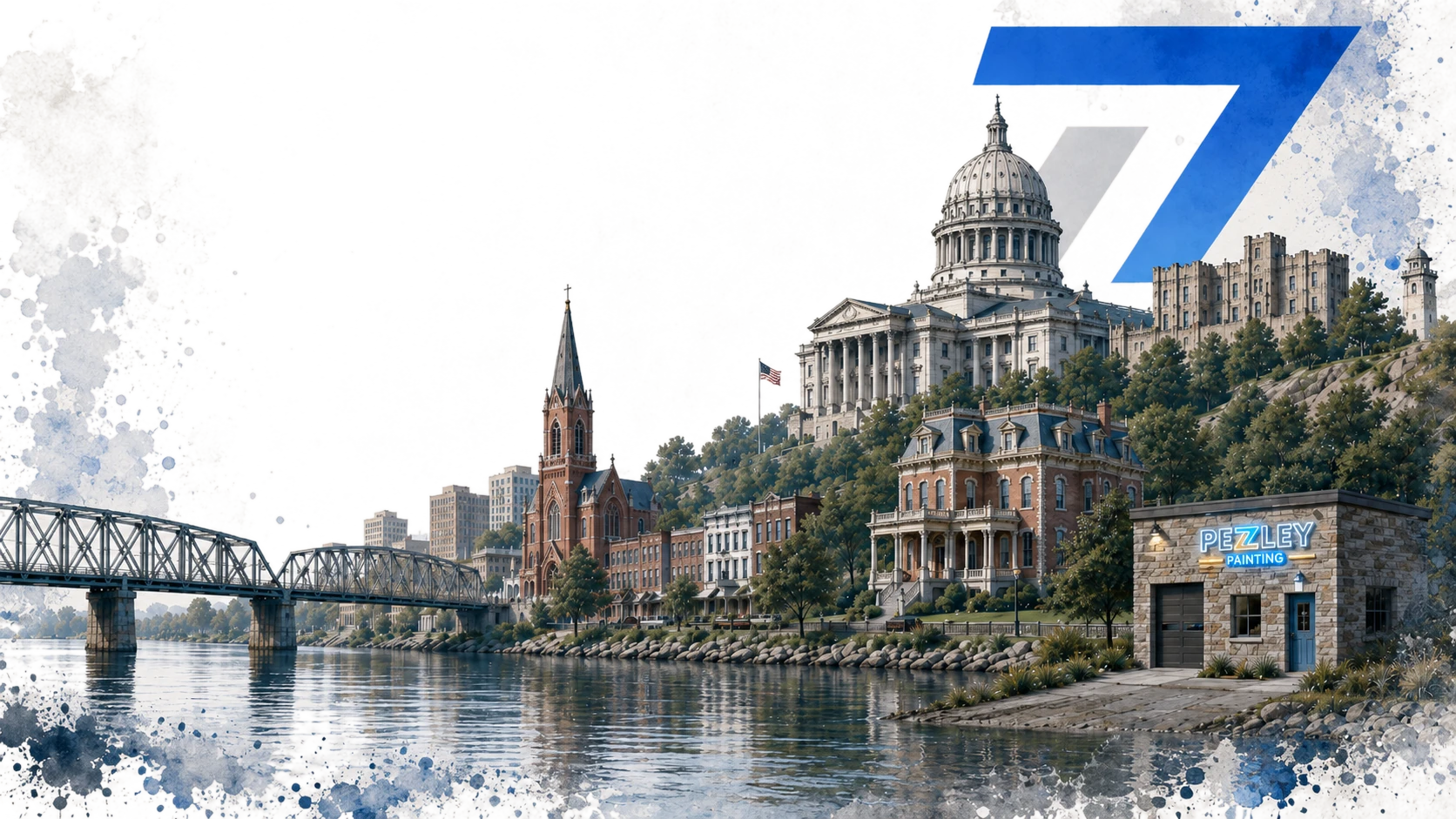 Illustrated Jefferson City skyline with the capitol, river bridge, and Pezley Painting shop